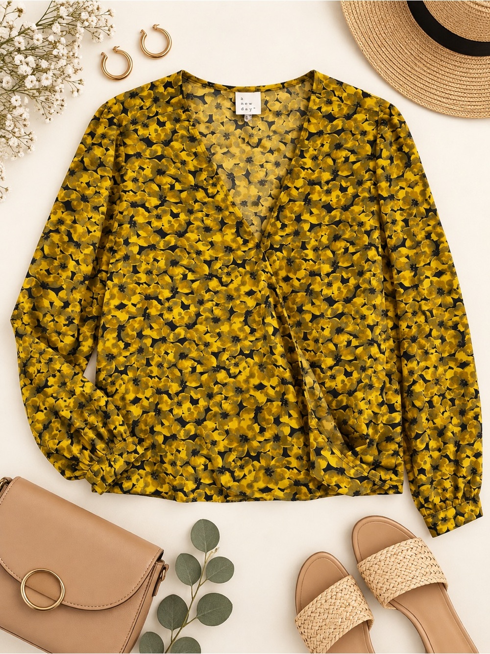A New Day Floral Wrap Blouse XL Green Mustard NWT Long Sleeve